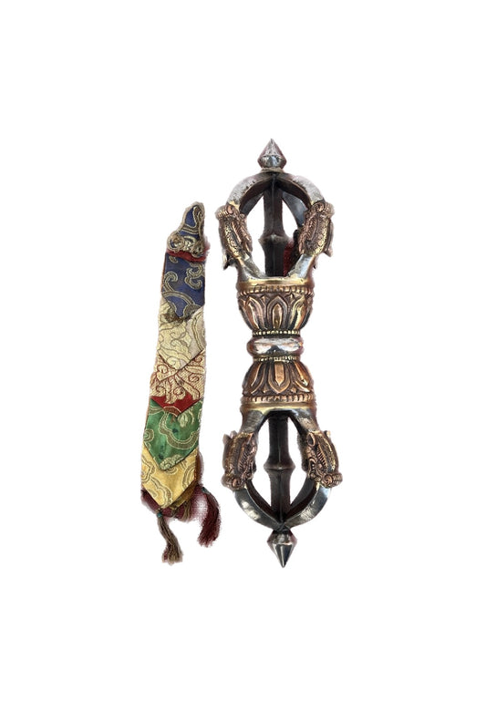 Dorje Vajra Eisen mit Lotus & Drachenköpfen aus Kupfer und Bronze, 5 Zack, Größe L